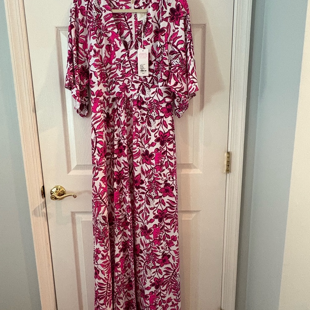 Lilly Pulitzer Magenta Floral V-Neck Maxi Dress